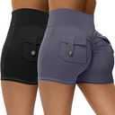2 Pack Women Scrunch Butt Workout Shorts with Pockets V Waist Athletic Gym Biker Shorts for Women Yoga Booty Bottoms (Medium, Black Gray)