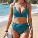 Amy Babe Women's High Waisted Bikini Sets Push Up Twist Front Spaghetti Straps Ruched Two Piece Swimsuit Bathing Suit, M