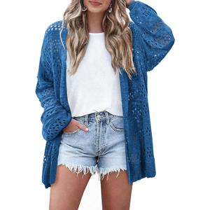 HOTOUCH Lightweight Crochet Cardigan for Women Long Sleeve Open Front Knit Oversized Cardigans Sweaters (Small, Blue)