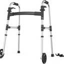 Walkers for Seniors, Folding Walker with Ski Glides 5'' Front Wheel Medical Lightweight Walker Height Adjustable Aluminum Standard Walker for Handicap and Adults (Silver)