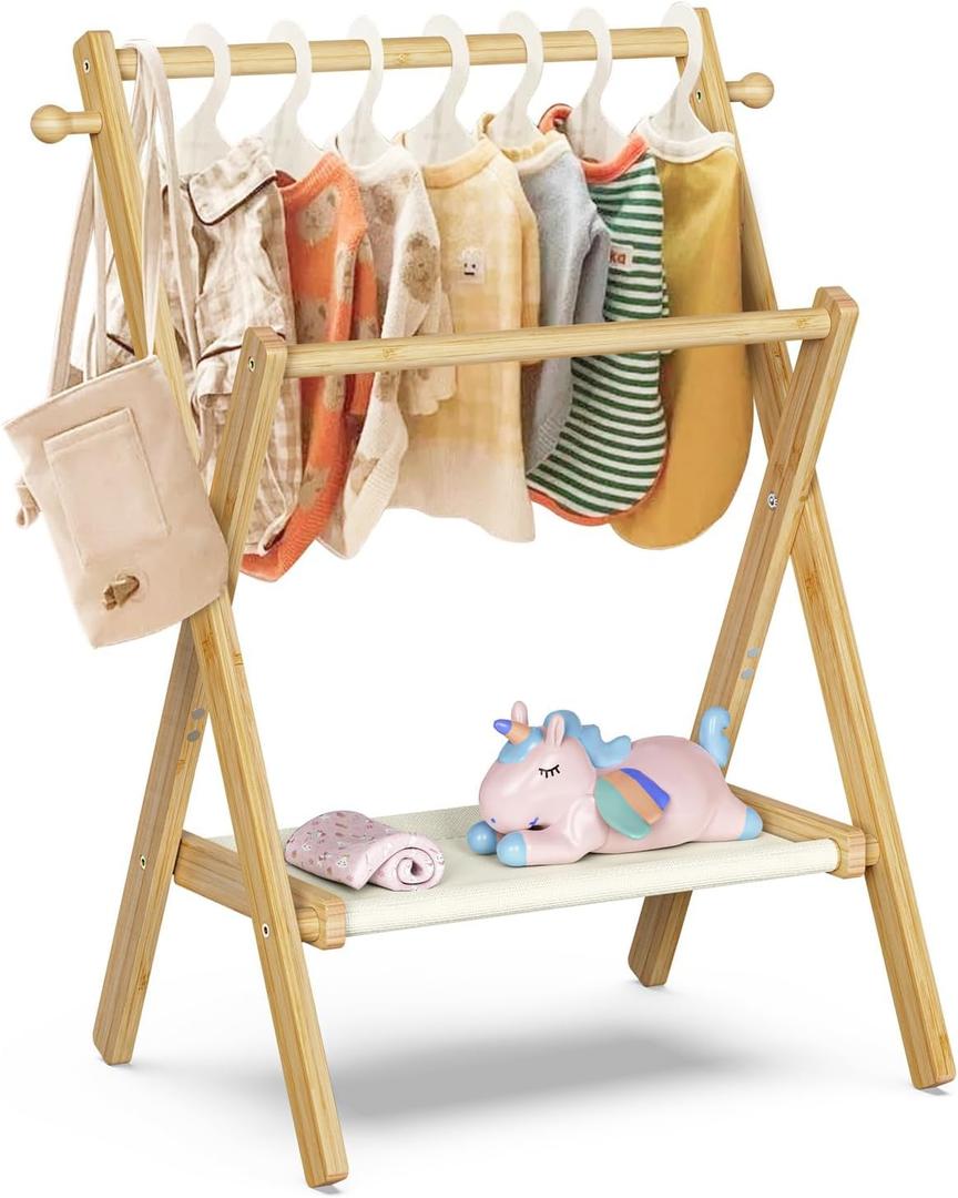 Baby Clothing Rack with Storage Shelf & Double Rods, Mini Closet Rack for Baby Shower & Dolls (Natural)