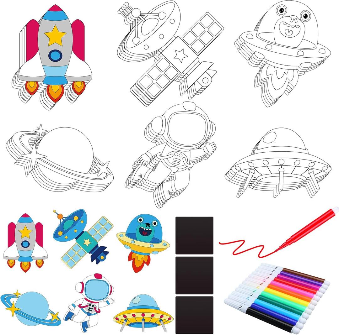 30 Pcs Outer Space Crafts for Kids Color Your Own Space Magnets DIY Coloring Magnet Cutouts Kits for Party Kids Gift for School Classroom Ornament Decorations