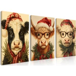 Christmas Canvas Wall Art Set of 3, Unique Highland Cow Pictures Navidad Decor, Winter Holiday Home Decoracion, Rustic Funny Animal Paintings, Farmhouse Christmas Prints for Bathroom 16x24 Inch