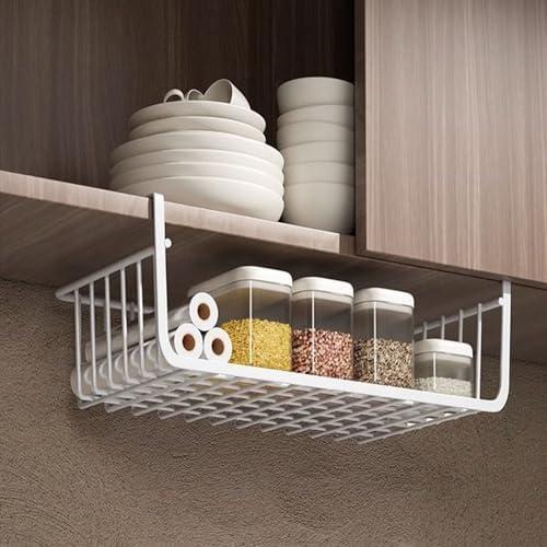 Under Shelf Wire Basket under shelf basket Hanging Storage Baskets Multipurpose All Metal Small Under Shelf Basket Slide in Baskets Wire Shelf Baskets for Kitchen(Medium white)