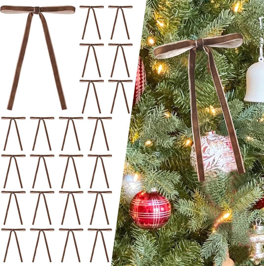 Ayesha 24 Pcs Velvet Christmas Tree Bows Velvet Ribbon Bows for Christmas Tree Decorations Door Garland Wreath Bow Decor,Brown