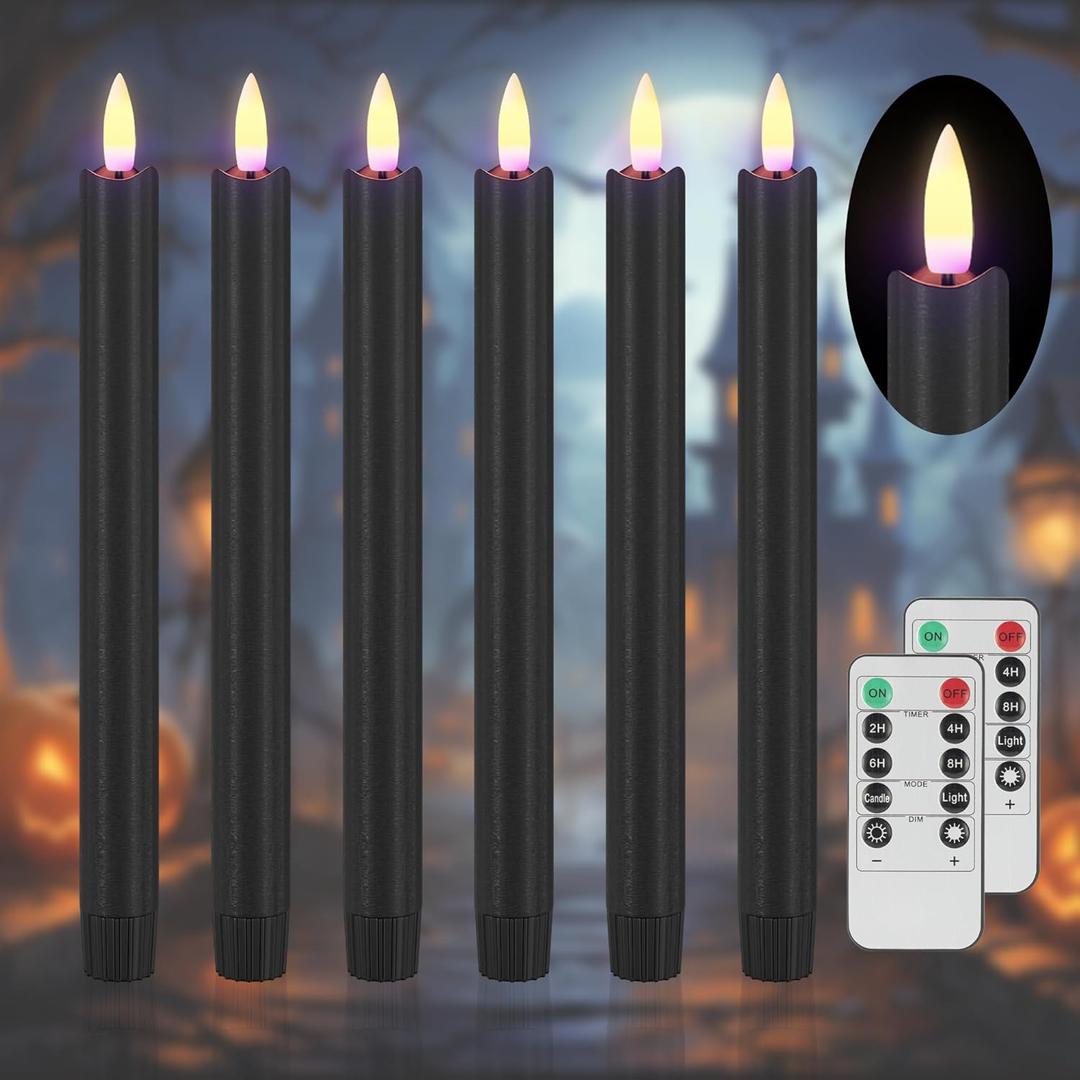 SHENSY Black Flameless Taper Candles with Remote & Timer  6 Pack 9.64" Battery Operated Real Wax LED Candlesticks, Flickering Halloween Candle Lights for Fireplace, Party, Indoor Decor