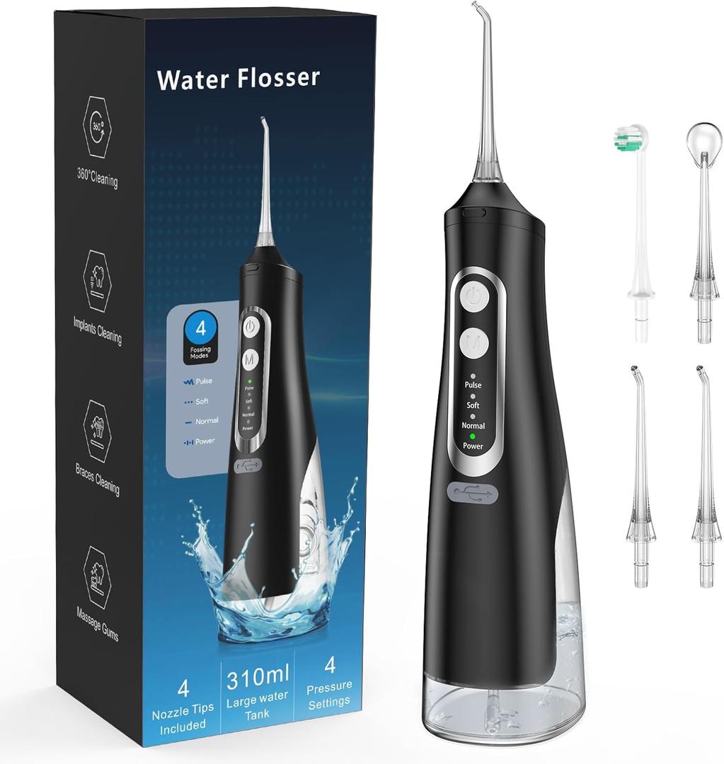 Water Flosser for Teeth Cleaning 4 Modes Rechargeable Oral Irrigator 4 Tips Powerful Battery Life IPX7 Waterproof 310ML Water Tank Black