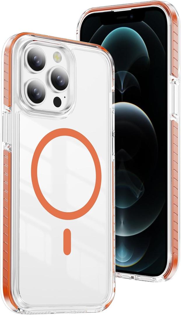 2 x DEERLAMN Magnetic Clear Case for iPhone 12/iPhone 12 Pro 6.1-Inch, [Compatible with Magsafe][Anti-Yellowing] Transparent Slim Shockproof Protective Phone Cover, Orange