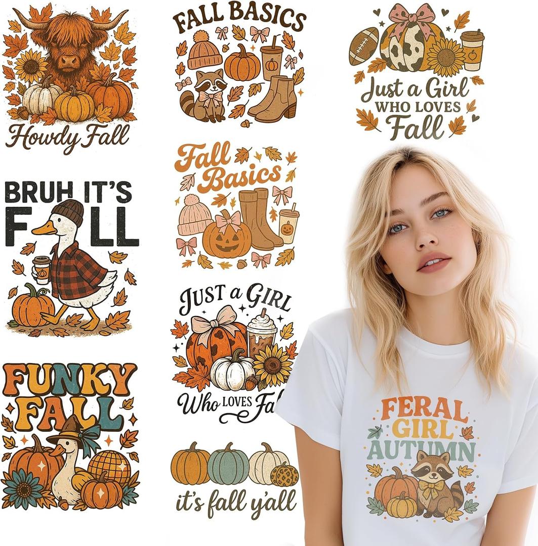 Fall Iron on Transfers, 9 Sheets DTF Transfers Ready to Press Washable Stickers Iron on Decals for T Shirts Hoodie Clothes Bag Fabric Decor DIY Crafts