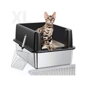 XL Stainless Steel Litter Box, Extra Large Metal Cat Litter Box with High Sided for Big Cats, Enclosed Litter Boxed with Lid, Easy-Clean Cat Litter Mat & Scoop Kit, Anti-Urine Leakage (Black)