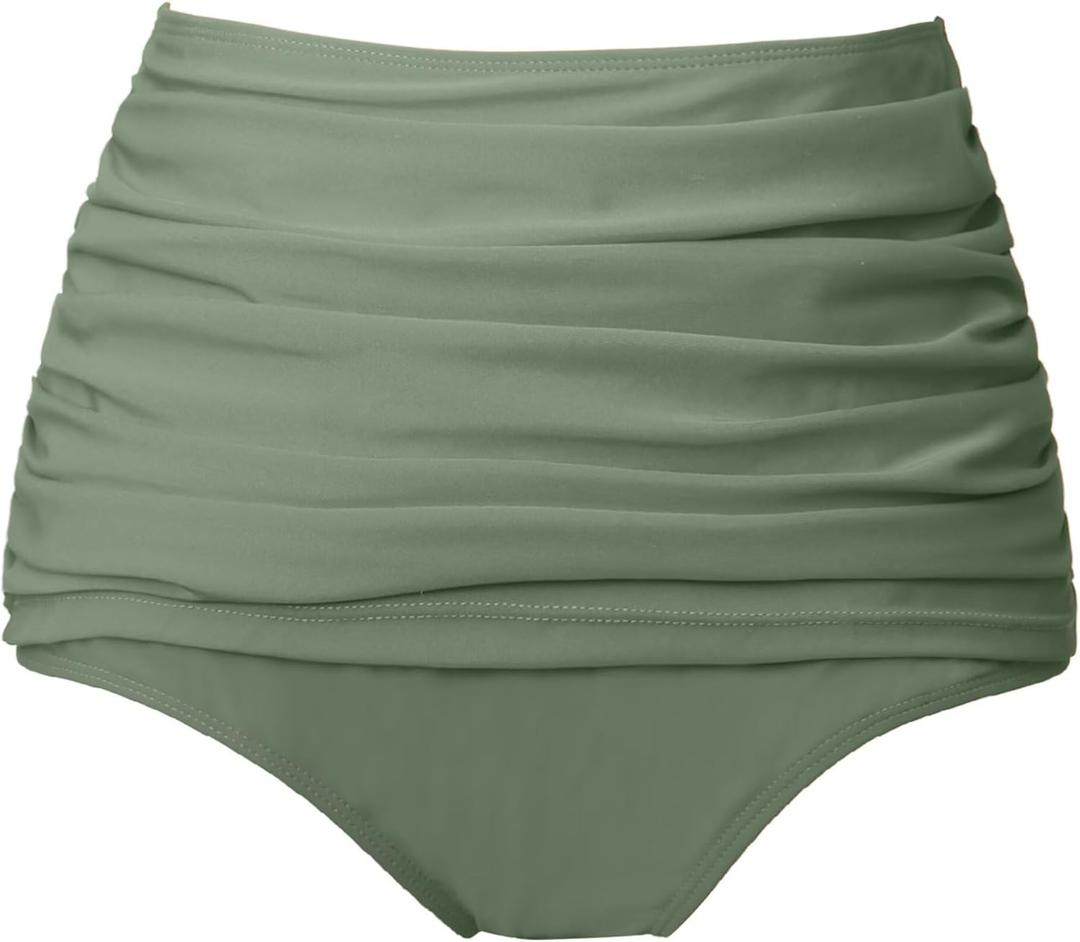 COCOPEAR Women's High Waisted Full Coverage Bikini Bottom Ruched Bathing Suit Bottoms for Women Tummy Control Swim Bottoms (Army Green, S)