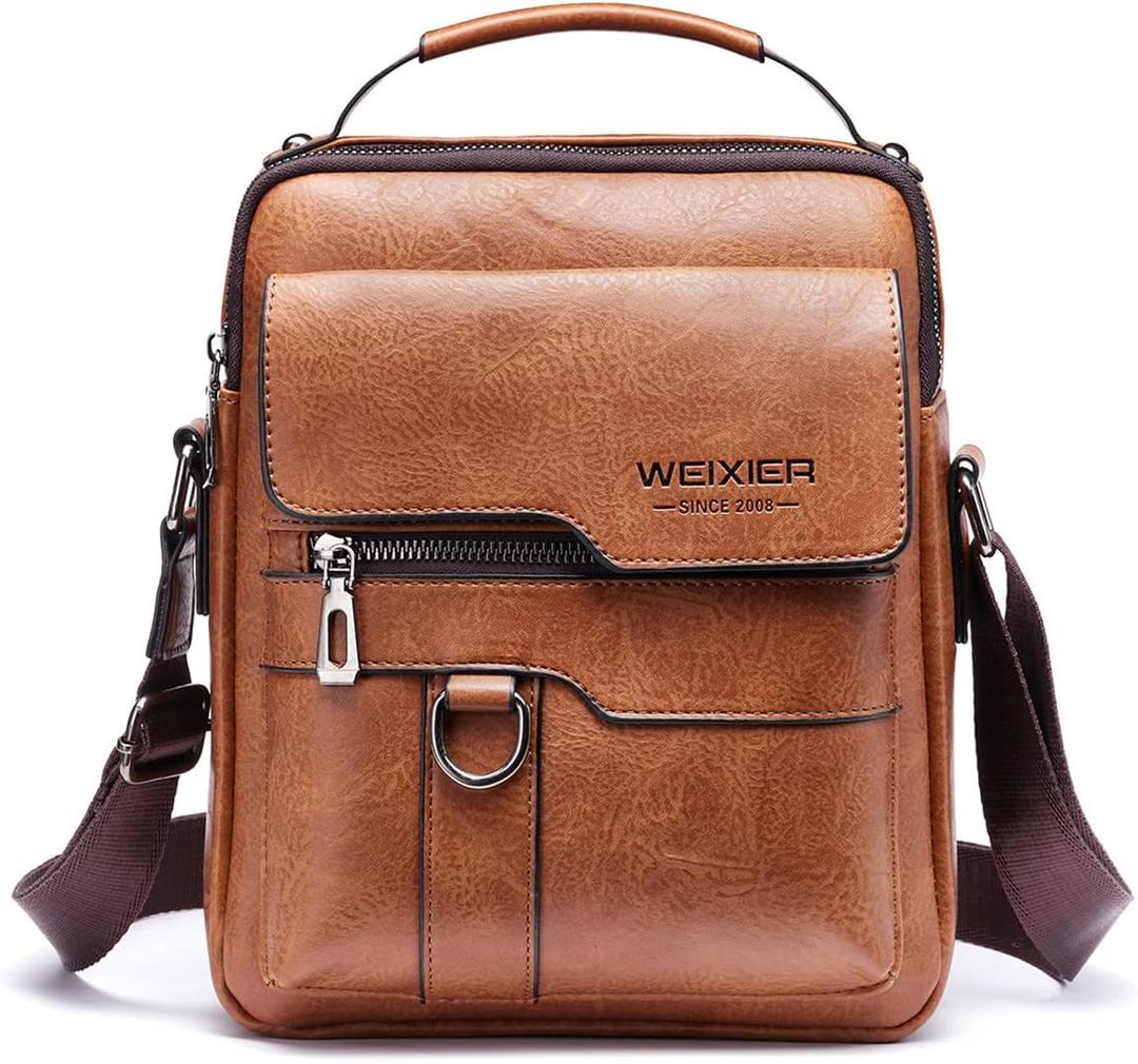 Zipper Buckle Leather Messenger Bag Crossbody Shoulder Bag Vintage Handle Bags (Red-brown)
