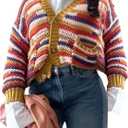 RoseSeek Women's Striped Color Block Sweaters Button Down Long Sleeve Cardigans Crop Tops (S)