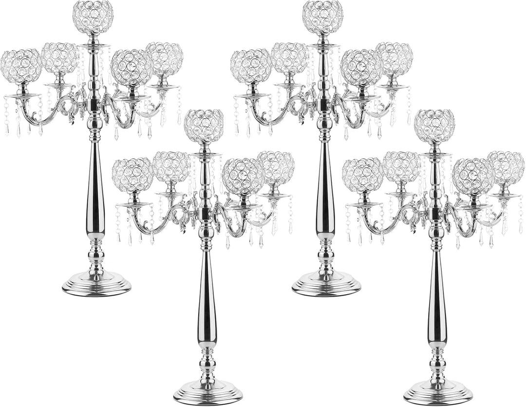 VINCIGANT4Sets 5 Arm Crystal Candelabra Centerpieces for Wedding,29.5Inches Tall Silver Metal Candlestick Holders with 5 Flower Bowl Holder for Anniversary Bathroom Party Home Decoration