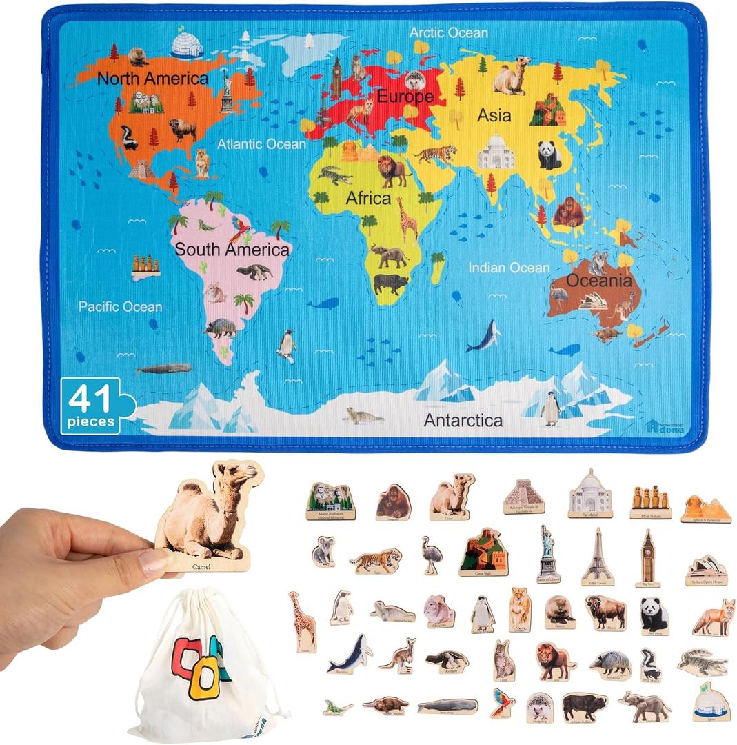 Adena Montessori World Map Puzzle, 41-Piece Geography Toy for Ages 3 and up, 23.82 inches x 35.31 inches