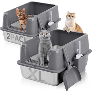 Stainless Steel XL Cat Litter Box for Cats, High-Sided Design Prevents Urine Leakage, Non-Stick, Easy to Clean, Includes Scoop, Grey