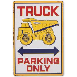 Hasbro Tonka Truck Parking Only Metal Sign - Fun Vintage Tonka Wall Decor for Kids' Bedroom or Garage (White/Yellow)