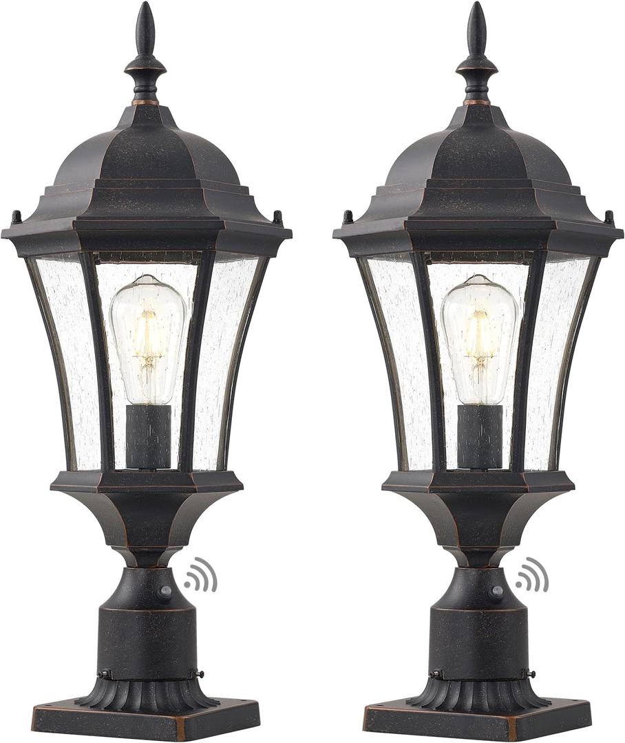 24in Dusk to Dawn Aluminum Outdoor Light Post Large Garage Exterior Lamp Post Light Fixture for House Bronze Outdoor Garden Pier Mount Lights 2 Pack Pathway Column Lights with Seeded Glass