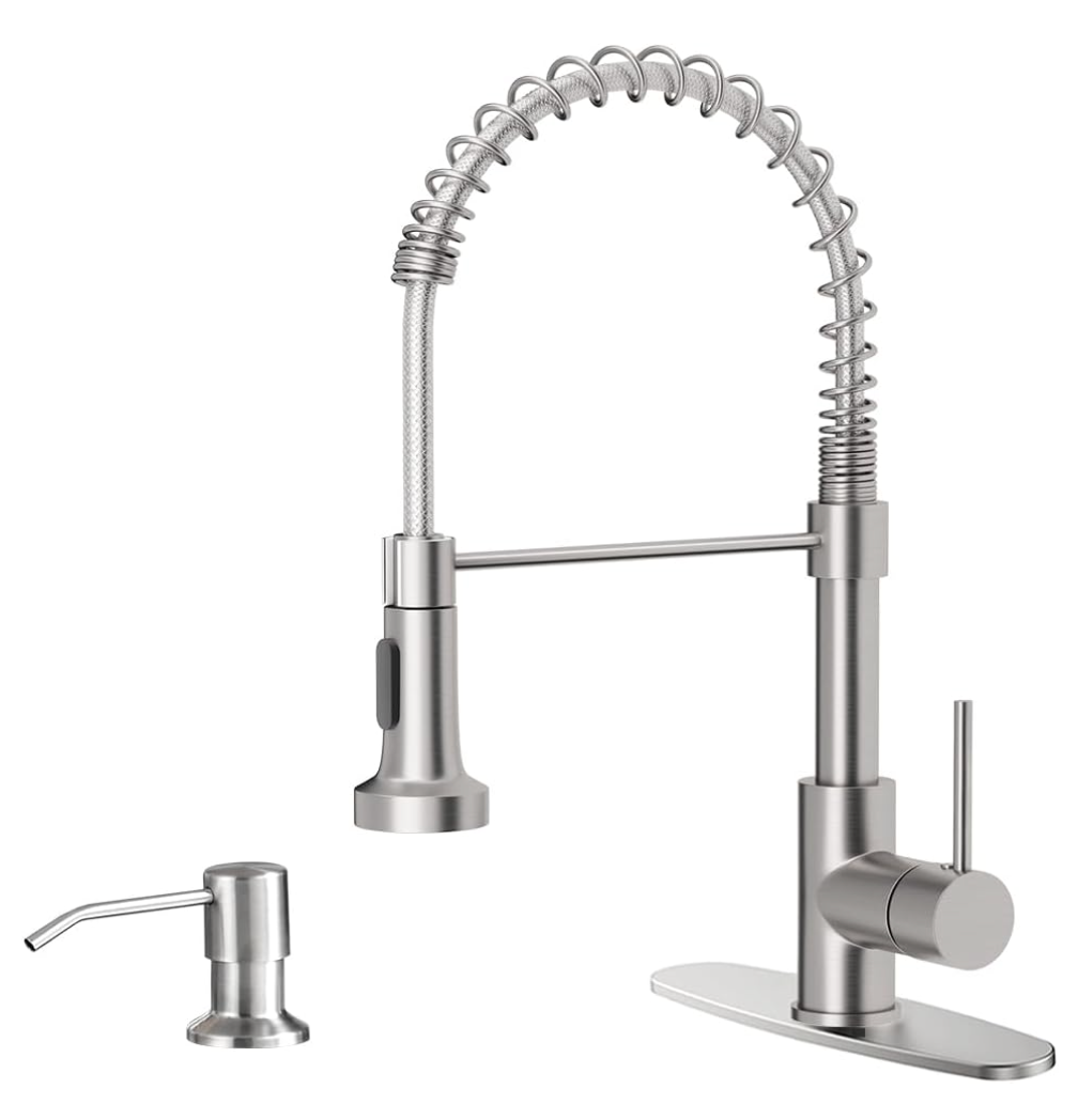 OWOFAN Kitchen Sink Faucet with Soap Dispenser, Kitchen Faucet with Pull Down Sprayer Stainless Steel Single Handle High Arc Pull Out Brushed Nickel Faucet for Bar Laundry RV Utility Sink