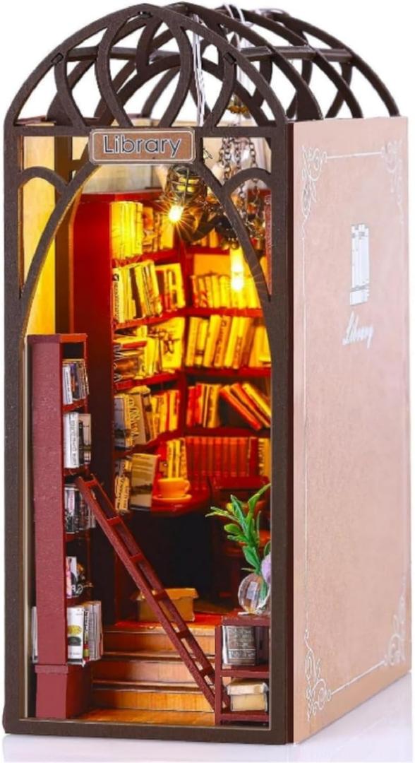 DIY Book Nook Kit with LED Lights, 3D Wooden Puzzle Bookshelf Insert & Dollhouse Decor, Creative Model Building Kit with Furniture for Home Desk, Library, or as Bookends