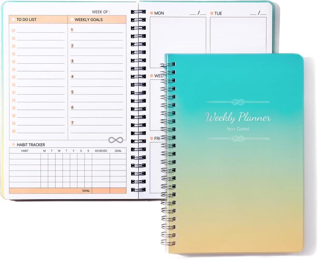 2 x Undated Weekly Planner - Spiral Bound 52 Weeks To Do List Planner Habit Tracker, A5 Simplify Esthetic Work Organizer Notebook, 70 Micron PP Cover, 100 GSM Paper, 5.83" x 8.27" (Blue Yellow)