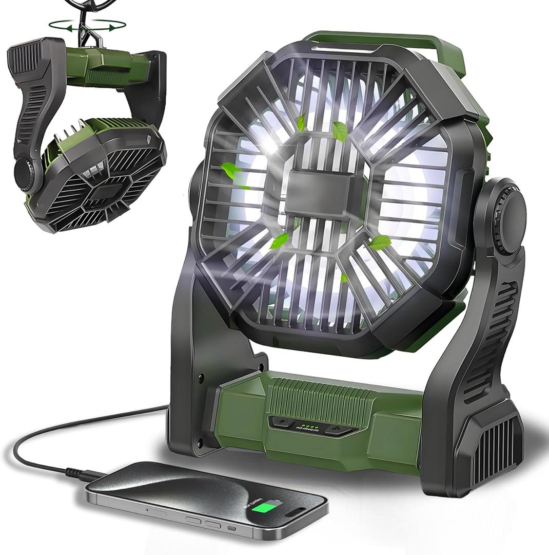 CONBOLA Portable Fan Rechargeable, 20400mAh Cordless Battery Powered Fan with LED Lantern, USB C Battery Operated for Travel Bedroom Home Camping Tent Office Beach Desk Fishing Table (Army Green)