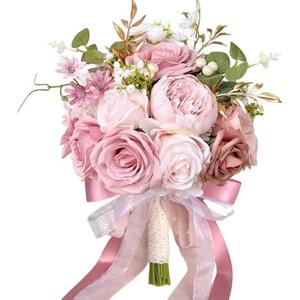 9 Inch Blush Pink Wedding Bouquets for Bride Bridesmaid, Artificial Fake Dusty Roses Gold Flowers Pearl Bridal Bouquet Pastel Spring Boho Rustic Wedding Decoration Toss Bouquet Prom Anniversary