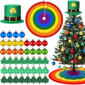 Skylety 46 Pcs St. Patricks Day Tree Ornaments Shamrock Ornaments Green Irish Hat Topper Decorations Rainbow Ball Colorful Tree Skirt Hanging Decor for Saint Patty's Spring Party
