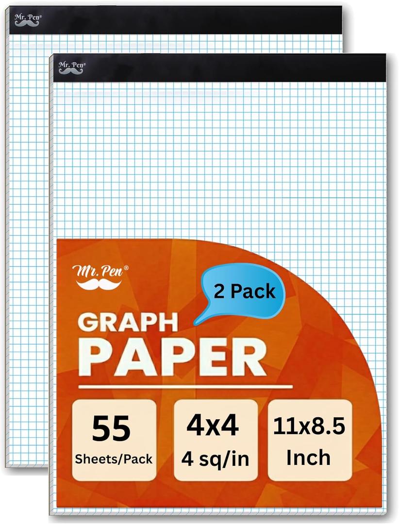 Mr. Pen- Graph Paper Pad 11"x8.5", 2 Pack, 4x4 Quad-Ruled Graph Paper, 4 Squares per Inch, Grid Paper Pad, Square Graphing Paper, 11 Inch x 8.5 Inch, 55 Sheets per Pack, White