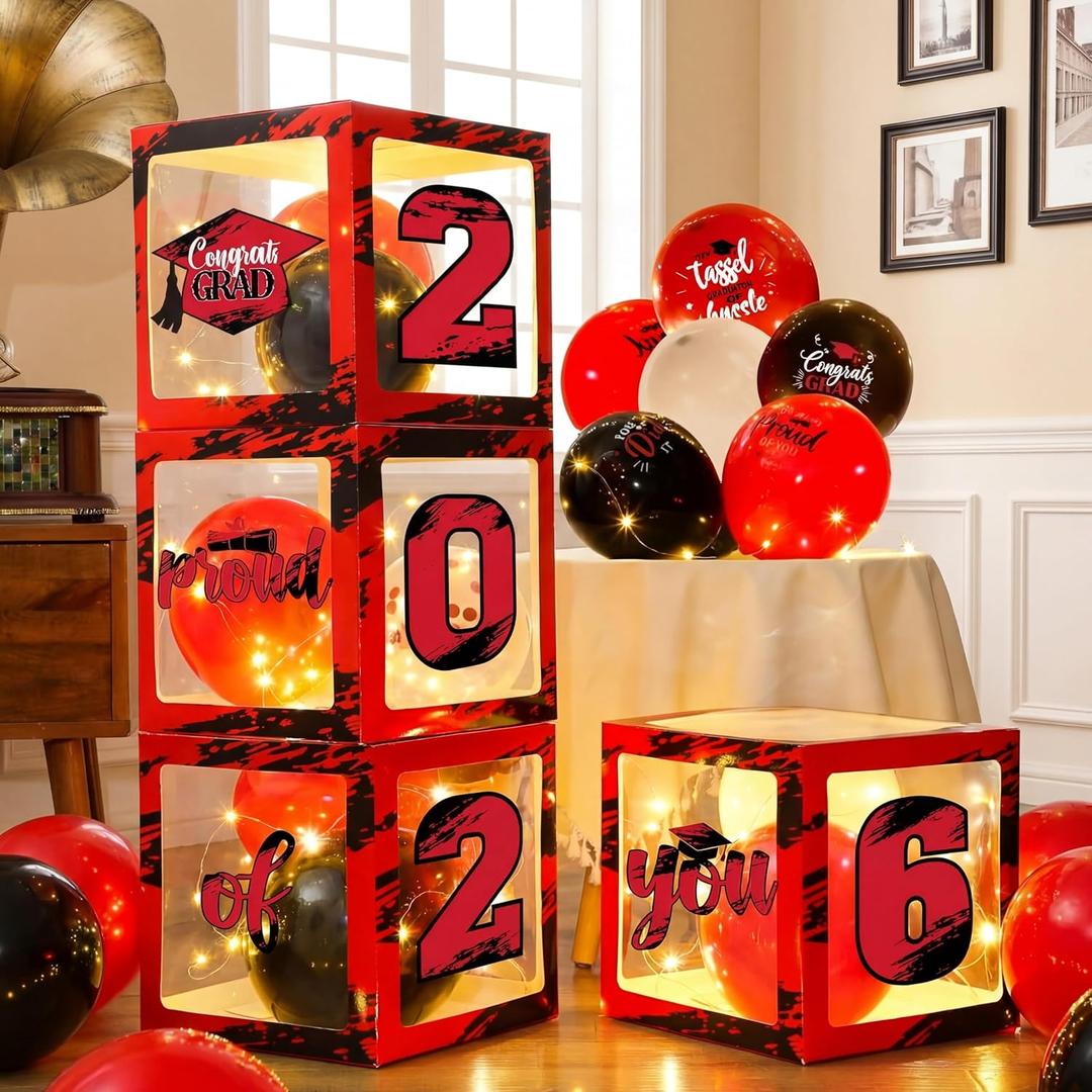 Woanger 44 PCS Graduation 2026 Box Decoration - Congrats Grad Party Box Set with LED Light Strings & Balloon Proud of You Party Supplies for Class of 2026 School College(Red)