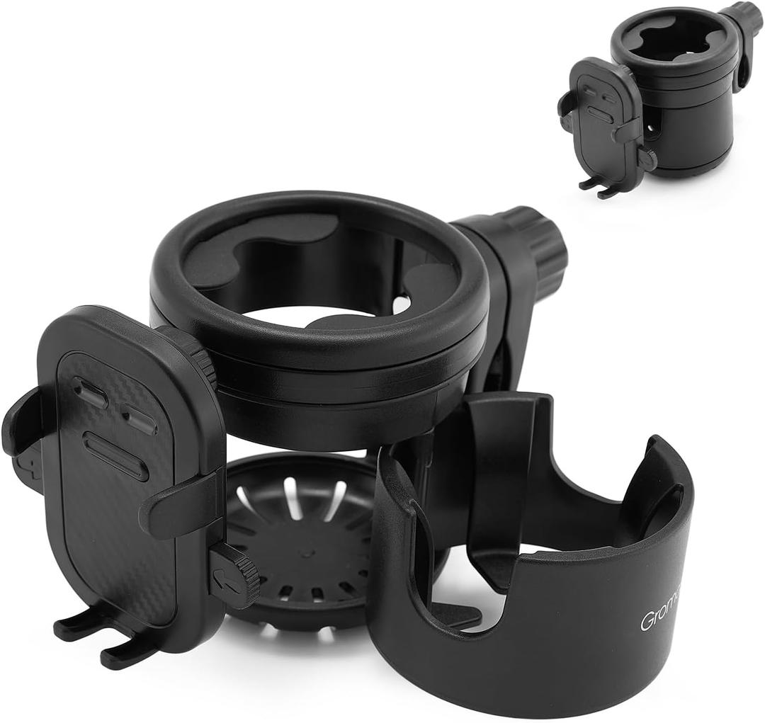 Gromast Universal Stroller Cup Holder with Phone Holder, 3-in-1 Detachable Drink Holder 360 Rotatable, Adjustable Cup Holder for Stroller Wheelchair Bike Walker Scooter - Black