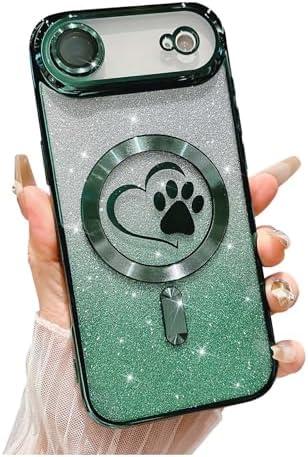 Weonmov for iPhone Air Case, Glitter Clear Cute Paw Love Heart, Compatible with MagSafe, Strong Magnetic Full Camera Lens Protection Cover, Soft Slim Bling Phone Case 6.5" - Green