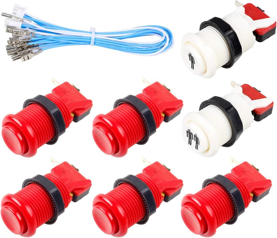 7X Arcade Buttons 30mm Happ Type Standard Push Buttons Switch with 20cm Buttons Cable for Arcade Joystick Arcade1up Games Console (Red)