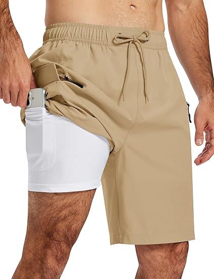 MoFiz Men's Swim Trunks 9" Quick Dry Mens Broad Beach Shorts Stretch Mens Swim Shorts (Beige, M)