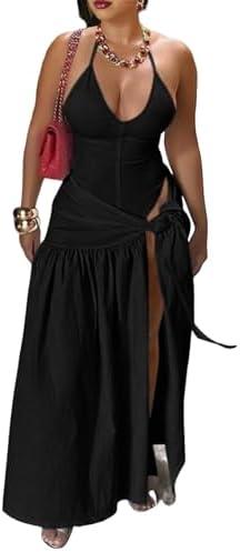 Womens Summer 2 Piece Maxi Skirt Sets Sexy Halter V Neck Backless Thong Bodysuits Wrap Beach Cover Ups Vacation Outfits L