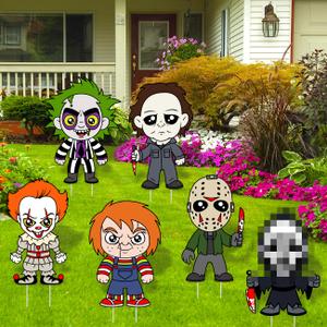 FBCOO 6 Pcs Halloween Horror Classic Movie Yard Sign with Stakes, Grim Reaper Killer Cat Lawn Sign Outdoor Decor, Outside Garden Prop Decorations Party Supplies