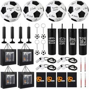 4 Soccer Coach Appreciation Gift Set, Best Coach Ever Tumblers with Lids & Straws Whistles, Keychains, Soccer Balls Thank You Gift for Football Men Women