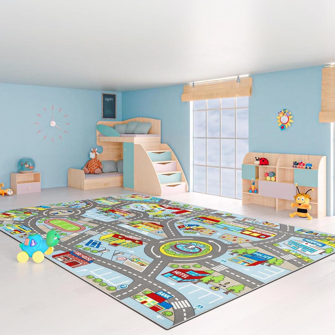 Kids Rug 6'6" x 9'8" City Life Playmat Area Rug Car City Map Washable Traffic Road Educational Learning Nursery Rug Carpet for Children Playroom Living Room Bedroom Classroom Decor Blue