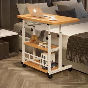 VebaCidi Medical Overbed Bedside Table with Two Shelves and Wheels (Hospital and Home Use), 31 1/2" Desk with Non Tilt Wooden Top, Adjustable Height (Walnut)