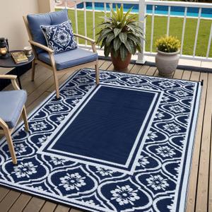 Plastic Outdoor Rug 6'x9' Waterproof Camping Carpet Outside Reversible Area Rug Blue Rugs for RV Deck Entryance Porch Picnic Balcony Beach (A| Lantern/Navy Blue&white)