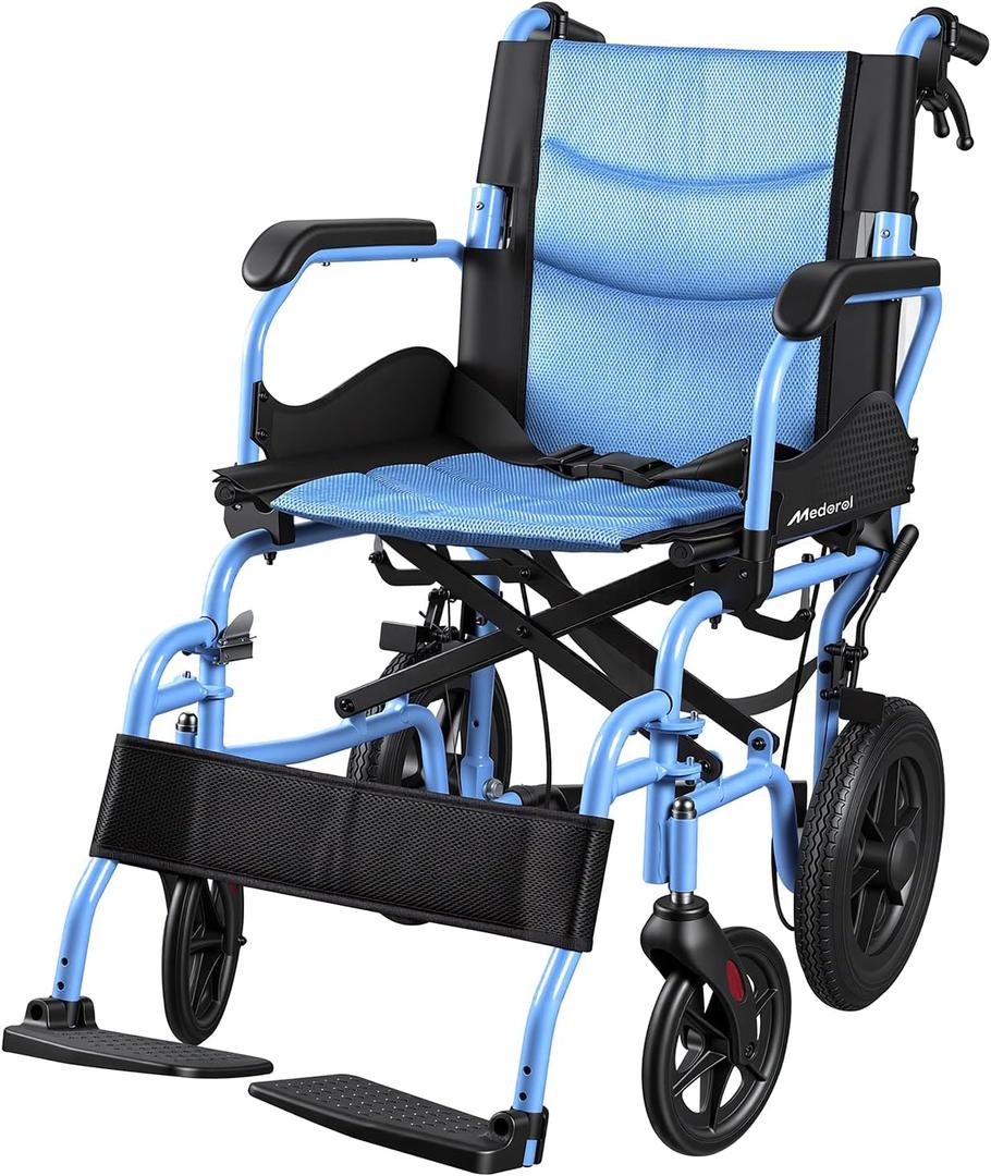 Lightweight Transport Wheelchair for Adults, Versatile Transport Wheel Chair, Supports 300 lbs, Self-Braking, Foldable & Portable, for Seniors, Elderly and Disabled