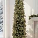 Annecy 7ft Pre-Lit Fir Pencil Christmas Tree, Green Classic Artificial Slim Skinny Christmas Tree for Home, Office, Party Decoration w/500 Tips, 220 Warm White Lights, Metal Hinges & Base, Green 7 ft