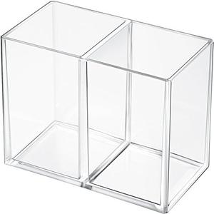 Gejoy Acrylic Pencil Pen Holder Clear Makeup Brush Organizer 2 Compartments for Desktop Stationery Office Bedroom