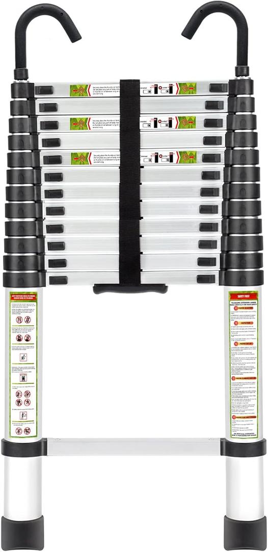 RIKADE Telescopic Ladder, 12.5 ft Aluminum Telescoping Ladder with Non-Slip Feet and Stable Hook, Portable Extension Ladder for Household and Outdoor Working, Max Load 330 lb, Aluminum