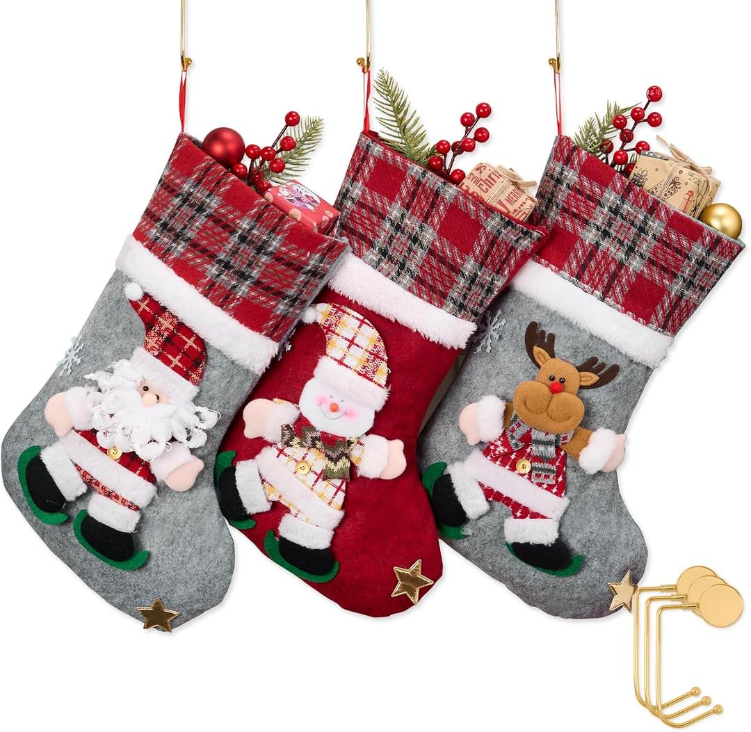 3 Pack Plaid Christmas Stockings with Golden Hooks, 15.7'' Knit Xmas Socks Set for Fireplace Mantel Decor, Traditional Holiday Hanging Stockings for Gifts & Decorations Santa Deer Snowman (Style 6)
