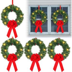 Daifunli 6 Pcs Pre-Lit Christmas Wreath with Lights for Windows 11.8 Inch LED Christmas Front Door Wreath with Bow Greenery Artificial Hanging Garlands for Fireplaces Home Porch Wall Decor