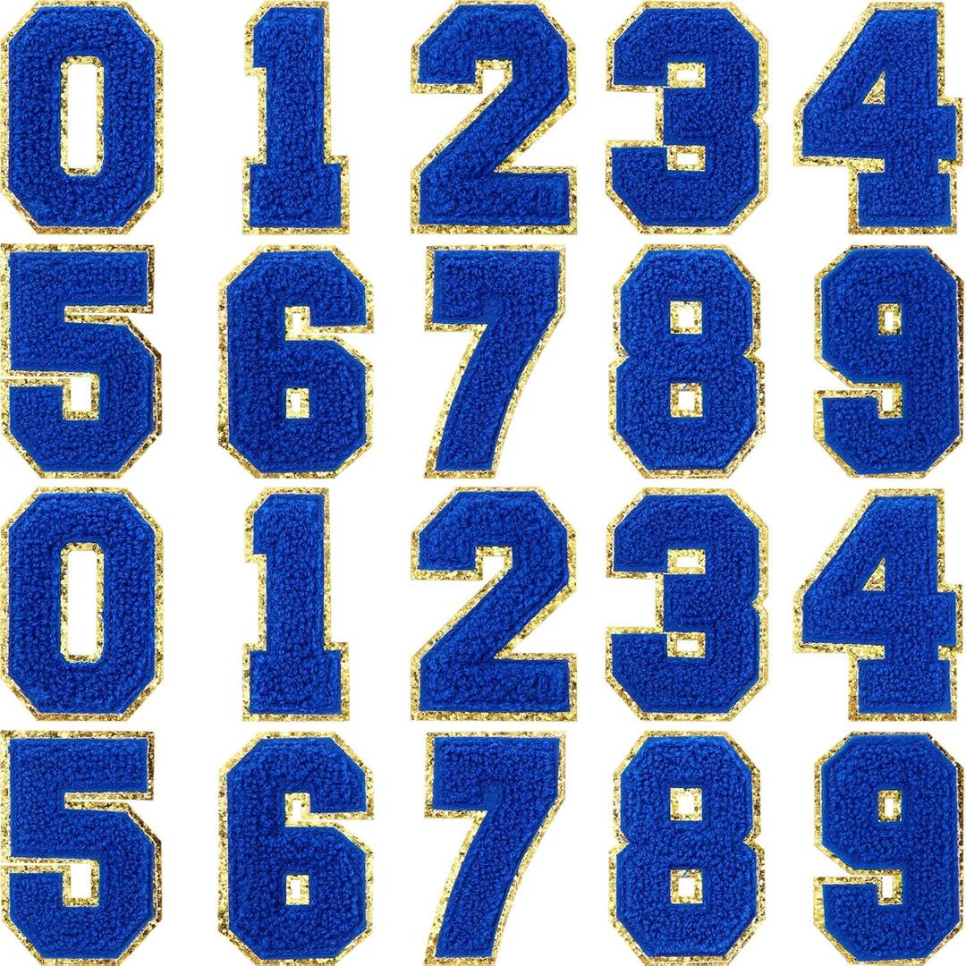 20 Pcs 3.15 in Chenille Iron on Numbers Embroidery Patches with Glitter Sequins Sew 0-9 Applique for Team Uniform Sports T-Shirt Football Jeans Bags Decors (Blue)