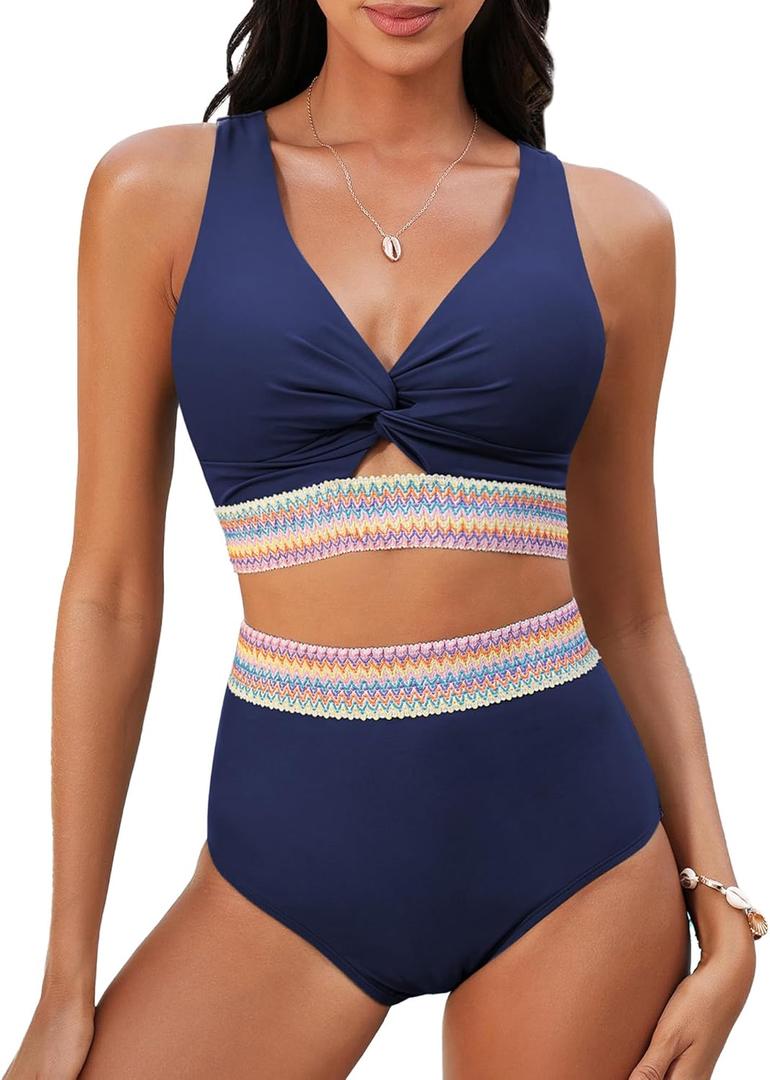 GRAPENT Bikini Sets for Women High Waisted Two Piece Swimsuit Padded Knot Twist Cut Out Color Block Bathing Suit Bikinis (Large, Navy Blue)