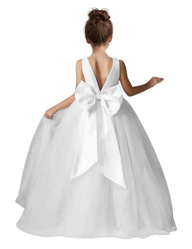 HEWEGO Toddler Flower Girls Dresses for Wedding Satin Tulle White Baptism First Communion Dress Pearls Bow-Knot Pageant Formal Dress Size 12
