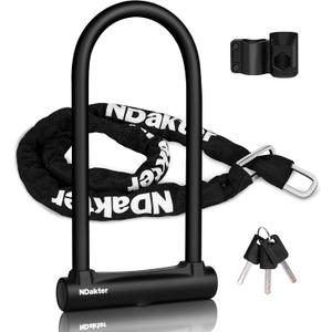 NDakter Bike Locks, 17mm Heavy Duty Anti Theft, Bike U Lock with 4FT Chain and Bracket, Electric Bicycle Lock for Scooter, 3 Keys Motorcycle Wheel Lock for Ebike, Moped, Tricycle